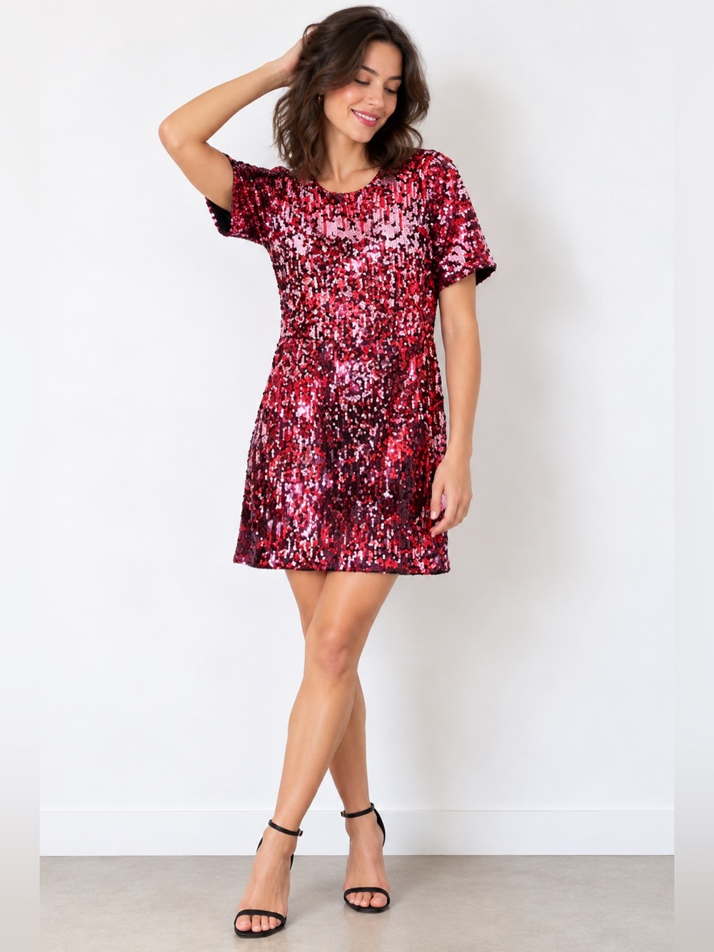 SUZY Shier Pink Red Sequin Party Dress – Short Sleeve